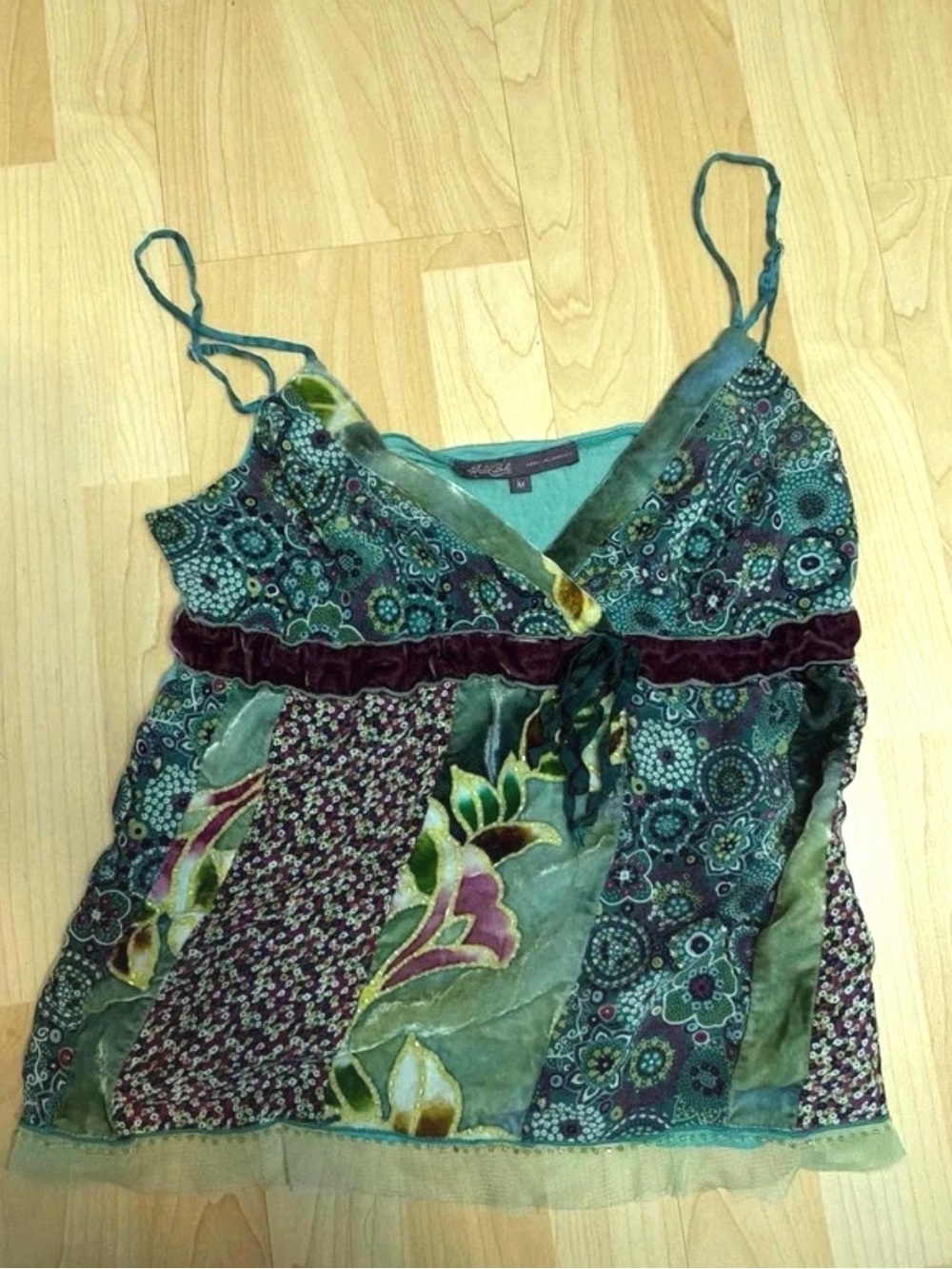 Vintage Hale Bob Boho Floral Velvet-Trim Teal Spaghetti Strap Tank Top